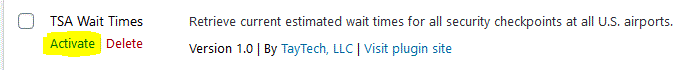 TSA Wait Times plugin activation