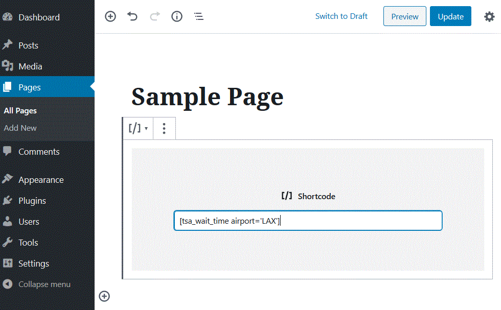 TSA Wait Times Wordpress shortcode